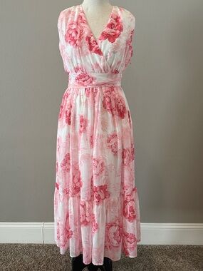 Aura Pink Floral Surplice Maxi Dress